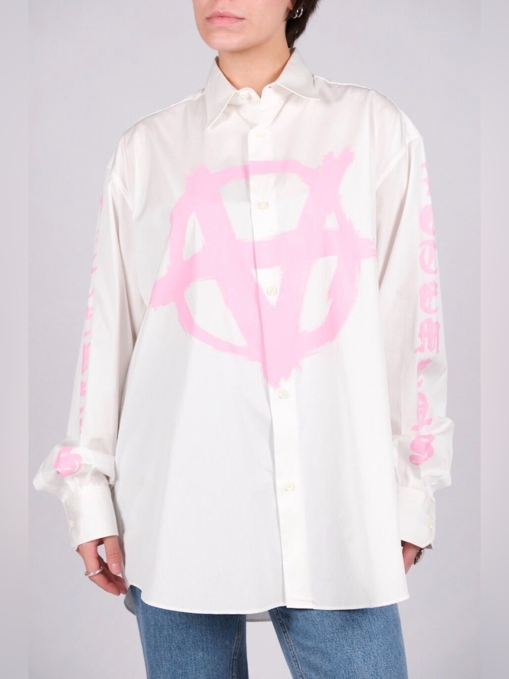 Vetements White Button-Down Shirt with Pink Anarchy Graphic